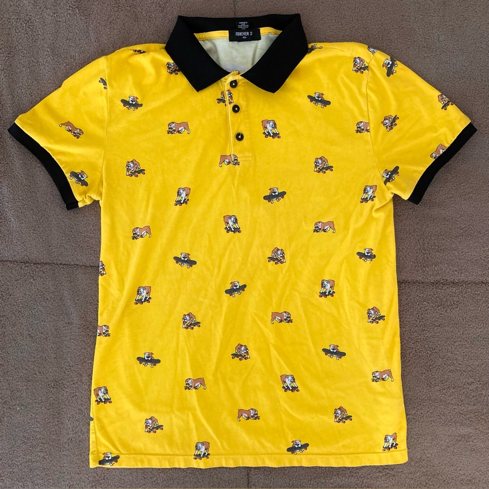 Forever 21 Yellow Polo Shirt with Black Collar and Bull Dog Print
